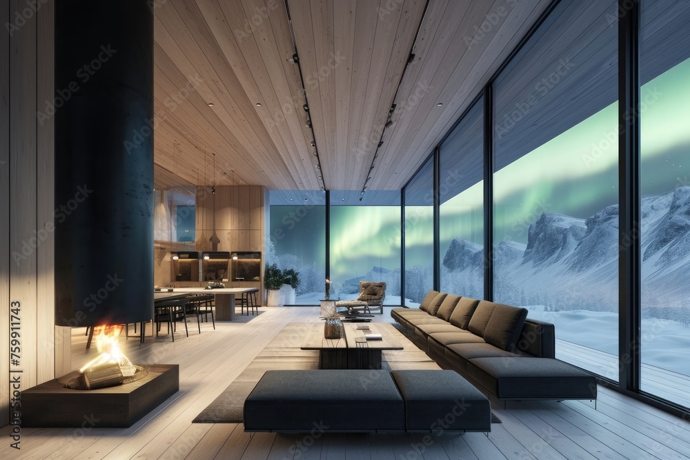 A spacious living room featuring an array of furniture and a cozy fireplace, A Scandinavian minimalist home against the backdrop of Northern Lights, AI Generated