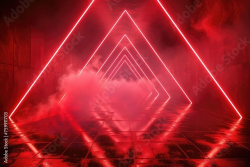 Abstract black red gaming background with modern luxury grid pattern retro vapor synthwave smoke fog, neon red light ray and triangle stripes line.