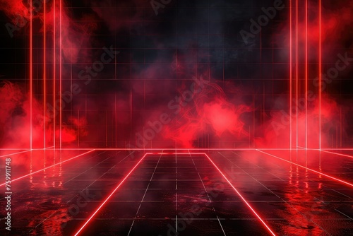 Abstract black red gaming background with modern luxury grid pattern retro vapor synthwave smoke fog, neon red light ray and triangle stripes line.