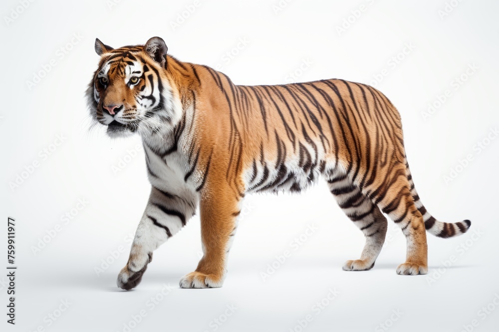 Obraz premium A magnificent tiger strides gracefully with striking orange and black stripes, isolated on white.