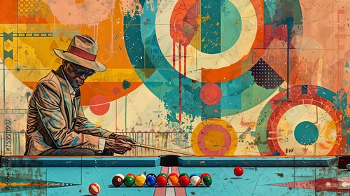 Vibrant pop art style illustration of a person focusing on a game of billiards, with a dynamic, colorful backdrop. photo