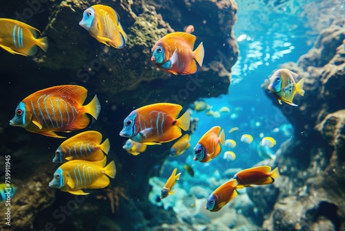 A large group of fish swim together in an aquarium  creating a dynamic and captivating underwater scene  A school of brightly colored tropical fish darting around an underwater canyon  AI Generated