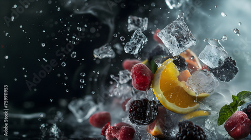 Dynamic Splash of Ice and Fresh Berries with Citrus Segments
