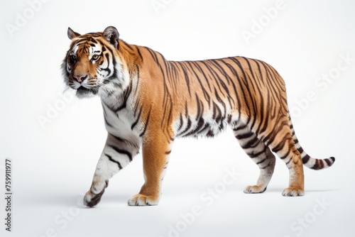 A magnificent tiger strides gracefully with striking orange and black stripes  isolated on white.