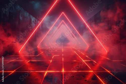 Abstract black red gaming background with modern luxury grid pattern retro vapor synthwave smoke fog, neon red light ray and triangle stripes line. © Suwanlee