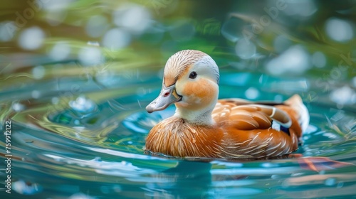 Swimming cute Duck. Colorful nature background. Bird: White headed Duck. Oxyura leucocephala. photo