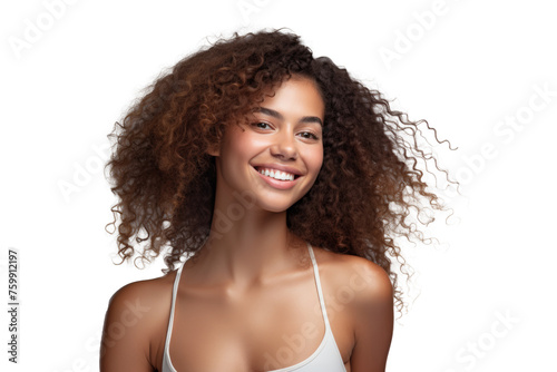 Gorgeous woman with voluminous curly hair and a beaming smile, wearing a white tank top against transparent background