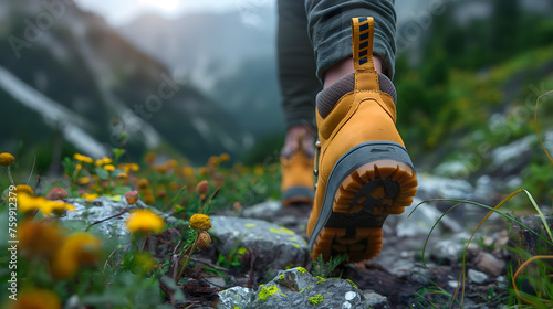 Close-Up of Hiker's Foot on a Mountain Trail Surrounded by Flowers