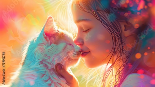 A tender illustration capturing a moment between a young girl and her cat, set against a rich, floral patterned background.