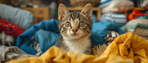 A curious cat investigates a cluttered room photo