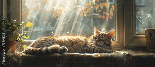 A serene room is transformed into a sanctuary of peace as a cat awakens from its slumber photo