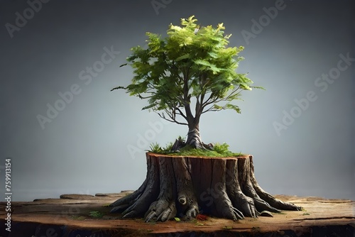 Realistic Young tree emerging from old tree stump with sun light. Reborn of old tree. New Life concept or New growth, new beginning concept. Symbolic business development