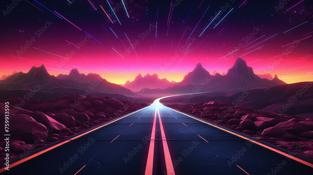 Road to horizon in synthwave style. 80s styled purple and blue synthwave highway landscape. - obrazy, fototapety, plakaty 