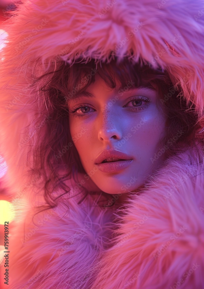 Intimate portrait of a woman enveloped in pink neon light, wearing a fur hood creating a cozy yet edgy look Intimate portrait of a woman enveloped in pink neon light, wearing a fur hood creating a cozy yet edgy look