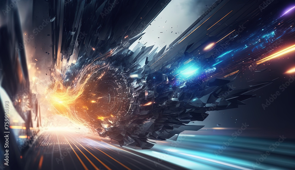 Fototapeta premium Colorful explosion of sci-fi engine and particles. Technology abstract with scientific device blast.