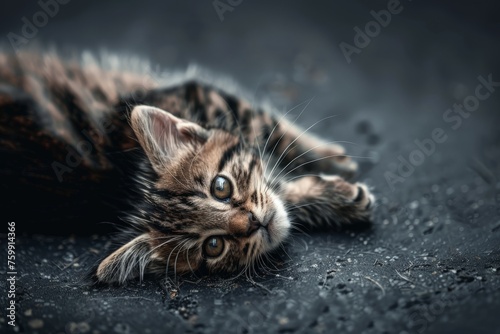 A kitten is lying on its back on the ground, looking adorable and relaxed. © pham