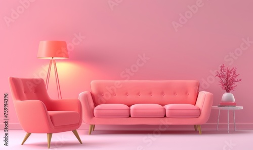 3d Rendering of a minimalist interior with sofa and armchair on pink pastel background