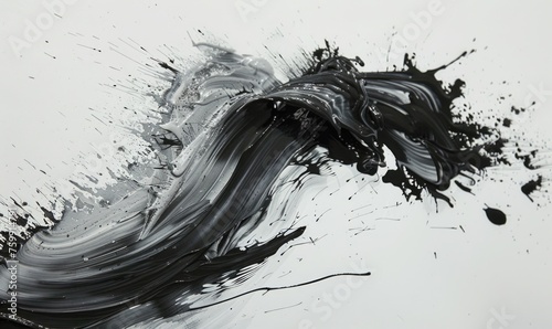 A brush glides across a white canvas. Black, gray and white dramatic strokes. Abstract background.