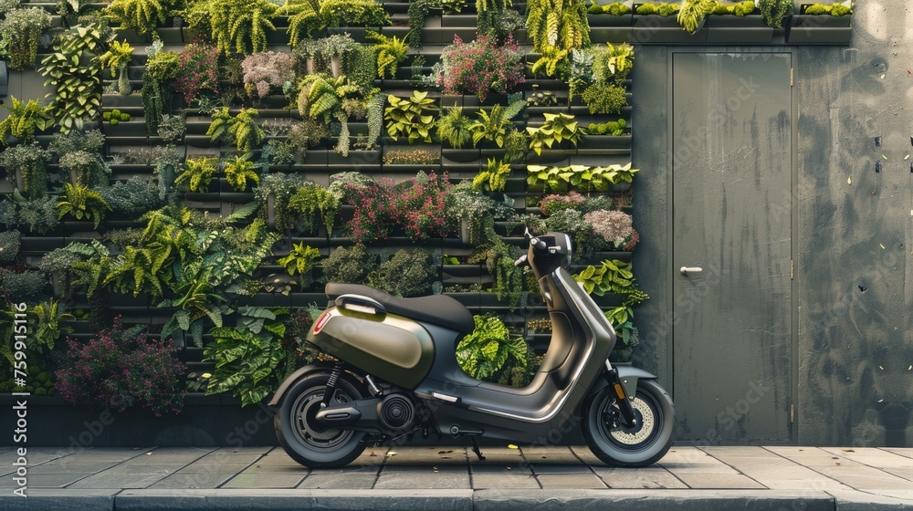 An electric scooter parked next to a living wall of plants in an urban setting, symbolizing green transportation options - obrazy, fototapety, plakaty 