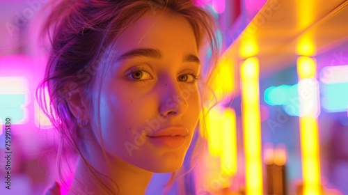 A portrait capturing a young woman's face illuminated by vibrant pink neon light reflections