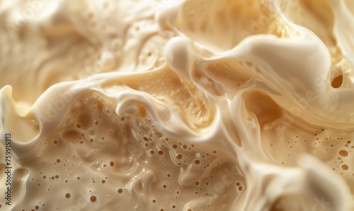 Close-up of melting vanilla ice cream, abstract background with ice cream close up view