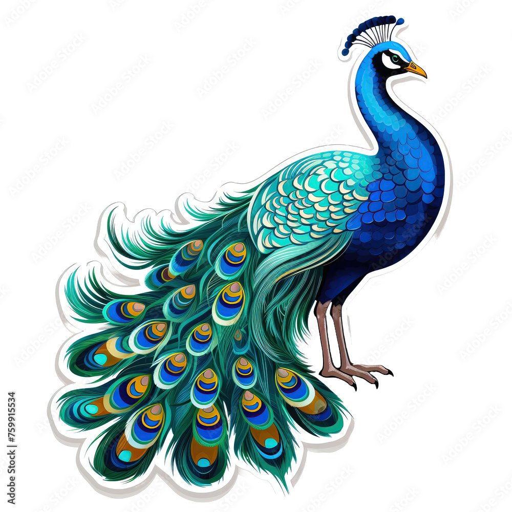 Fototapeta premium Peacock with colorful feathers isolated on white background. Vector illustration.