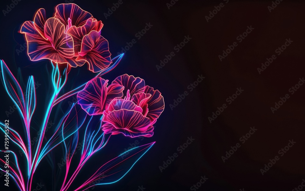 Obraz premium Neon canation flowers light drawing on black background.