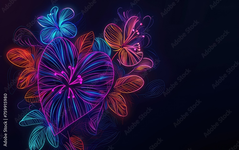 Neon flowers light drawing on black background.