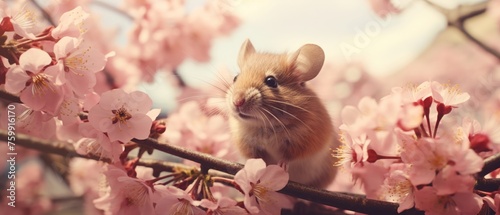 Springtime with a vintage mouse, low angle, colorful blooms, retro feel, cheerful scene © Pawankorn