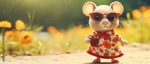 Vintage mouse in cute summer outfit, low angle, warm hues, retro vibe, cheerful summer day © Pawankorn