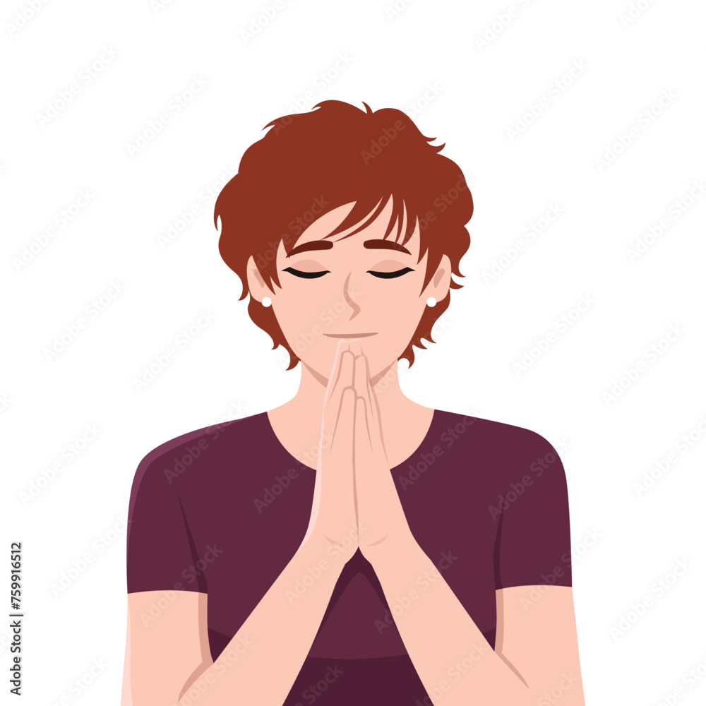 Young woman prays to God. Flat Vector Illustration Isolated on White Background Young woman prays to God. Flat Vector Illustration Isolated on White Background