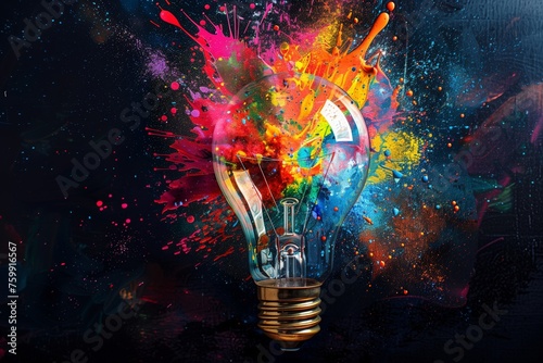 Colorful explosion of paint splashes from a light bulb against a dark background, representing creativity and innovation. Concept of creativity, innovation, and art. 