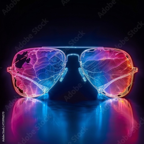 A vibrant image showcasing the captivating reflection of neon lights on sunglasses with a dark background photo