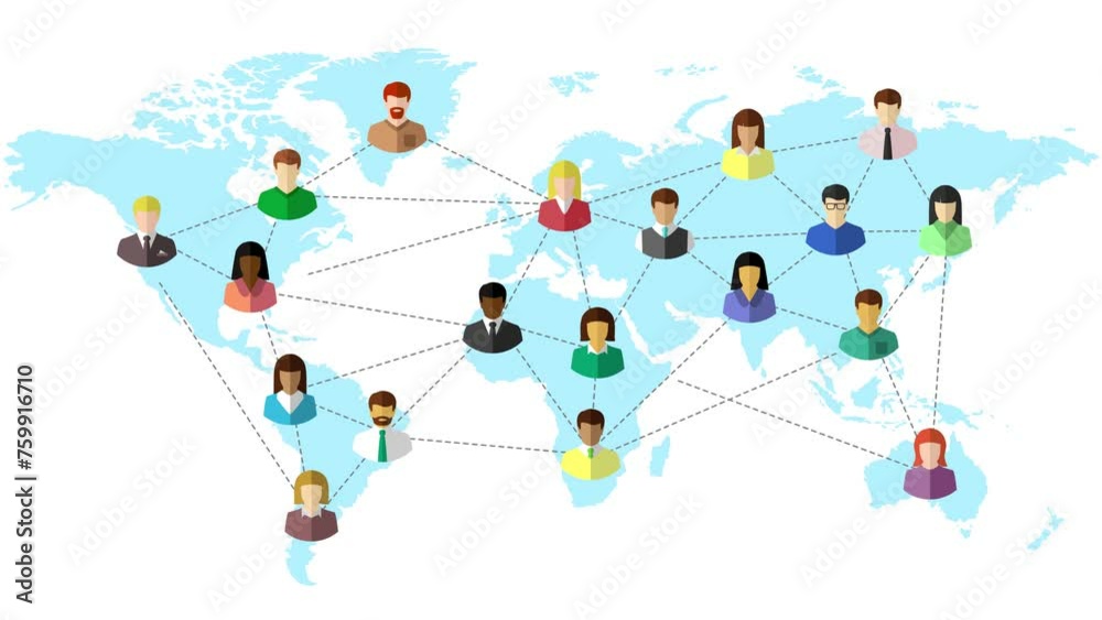 Animation with diverse people networking and being connected with dotted lines on a world map as global and international network, connection and communication concept