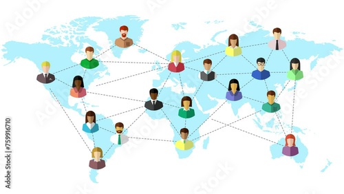 Animation with diverse people networking and being connected with dotted lines on a world map as global and international network, connection and communication concept