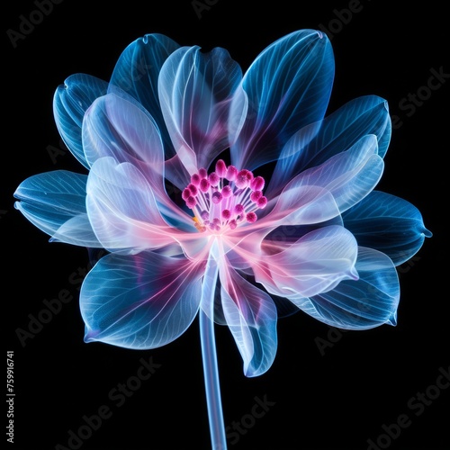 Translucent x-ray effect illustration of blooming flower with visible stamen and petals in shades of blue and pink