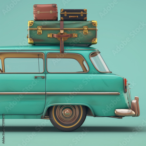 Summer travel, vacation. Turquoise car loaded with suitcases on blue background ready for the road