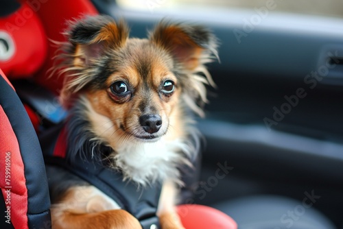 Cute Small Dog Securely Fastened in Car Safety Seat © augieloinne
