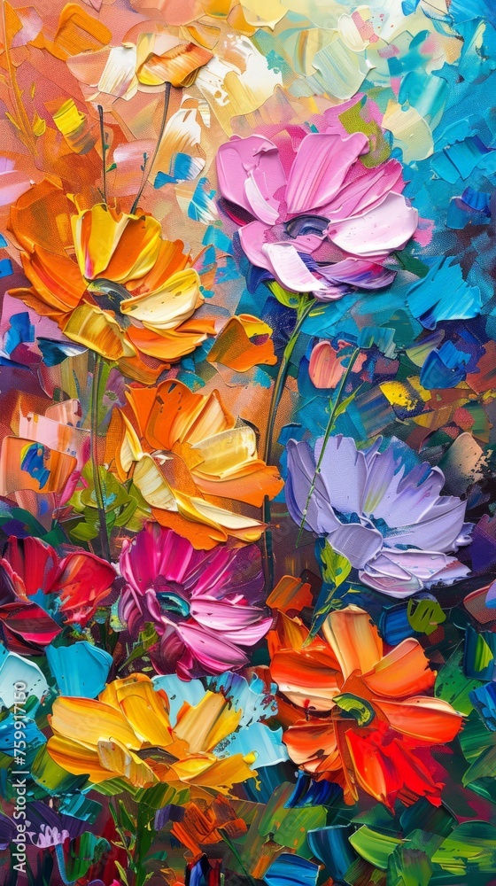 A painting featuring vibrant flowers of various colors arranged in a vase.