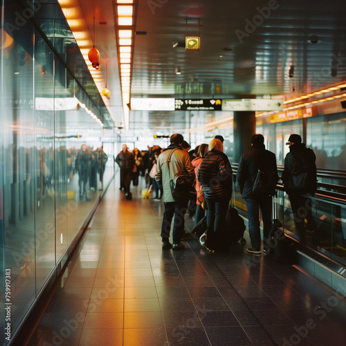 A group of people at the station are waiting for transportation, commute to work, vacation.