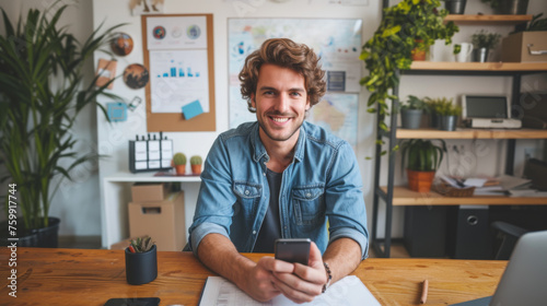 A contented man in casual attire is sitting in a cafe, holding a smartphone with a smile, possibly texting or browsing the internet.