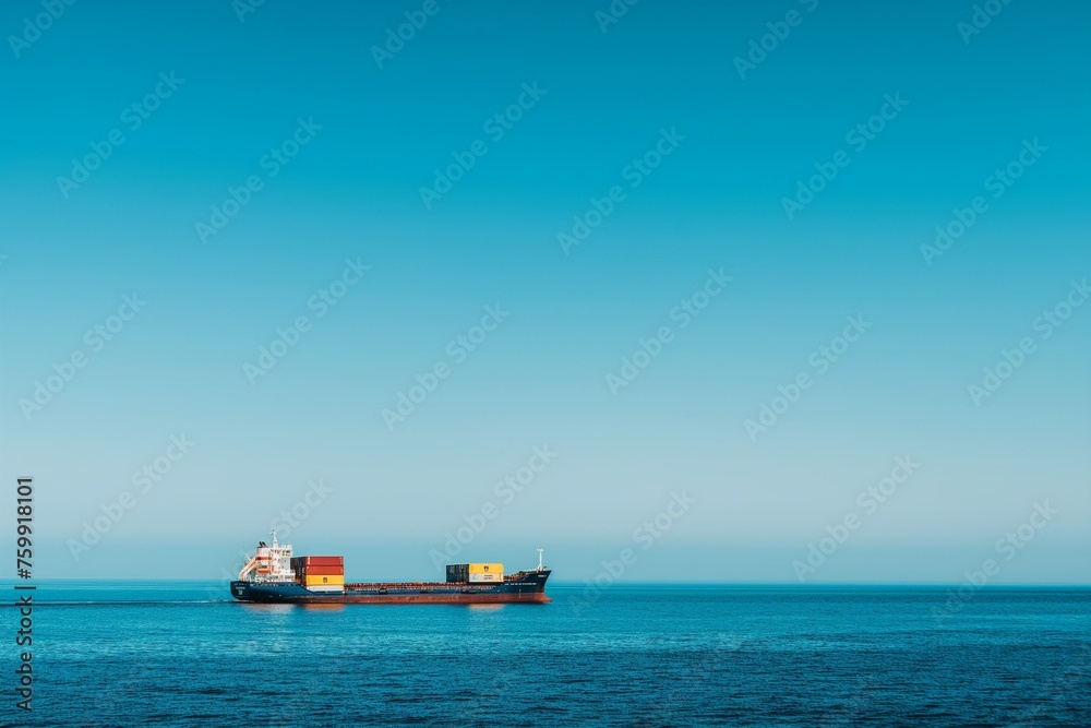 A barge loaded with cargo containers, a cargo ship sailing on a clear blue sea A barge loaded with cargo containers, a cargo ship sailing on a clear blue sea