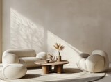 Beige sofa and armchair in a minimalist interior with a round coffee table on a light wall background
