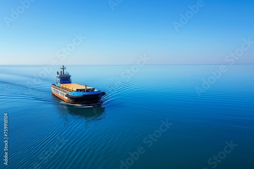 A barge loaded with cargo containers, a cargo ship sailing on a clear blue sea © Vadim