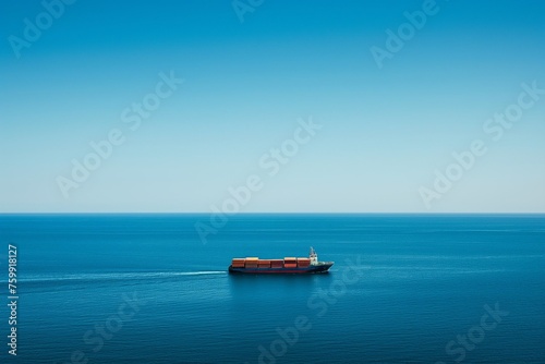 A barge loaded with cargo containers, a cargo ship sailing on a clear blue sea