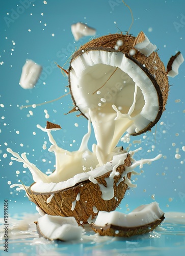 commercial isolated flat background of a coconut and milk explosion photo