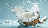 commercial isolated flat background of a coconut and milk explosion waterblue gradient background