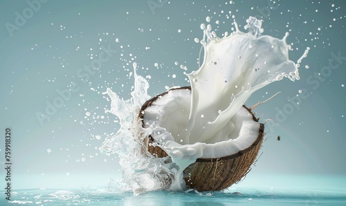 commercial isolated flat background of a coconut and milk explosion waterblue gradient background photo
