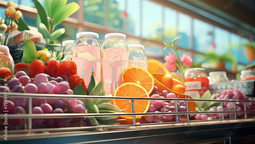 Fresh fruits, vegetables and berries on the shelf in the store in the supermarket background