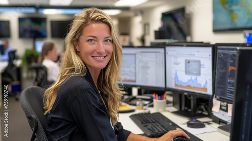 female sitting at office desk, multiple workstations with computers placed on each desk with co-workers 